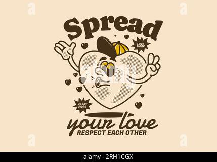 Diffusez votre amour, illustration de personnage de mascotte de coeur, design dans un style vintage Illustration de Vecteur