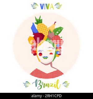 Fille heureuse dans un chapeau avec des fruits.Poster viva Brésil Illustration de Vecteur