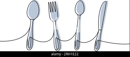 Ustensiles de cuisine une ligne de dessin continu coloré. Cuillère de cuisine, couteau, fourchette illustration continue d'une ligne. Illustration de Vecteur