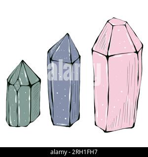 Cristaux magiques multicolores, isolés sur fond blanc. Illustration dessinée à la main. Banque D'Images