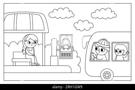 Vecteur scène horizontale noir et blanc avec fille assise sur un arrêt et bus avec chauffeur, passagers. Illustration ou coloriage de ligne de transport Illustration de Vecteur