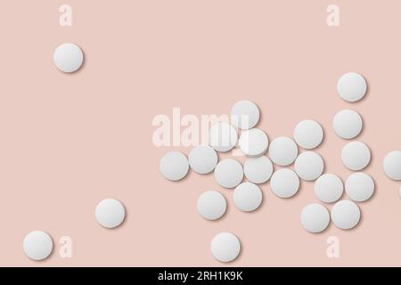Pilules de médecine blanche sur fond rose closeup. Banque D'Images