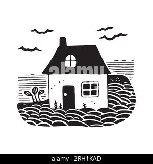 Illustration d'impression de bloc de cabane de plage fantaisiste pour le concept de voyage tropical. Vector maison côtière stylisée pour les vacances. Illustration de Vecteur