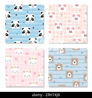 Ensemble de motifs sans couture enfantins avec des animaux drôles mignons. Illustration de Vecteur