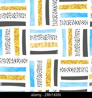 Modèle abstrait sans couture Vector avec rayures bleues et dorées dessinées à la main. Illustration de Vecteur