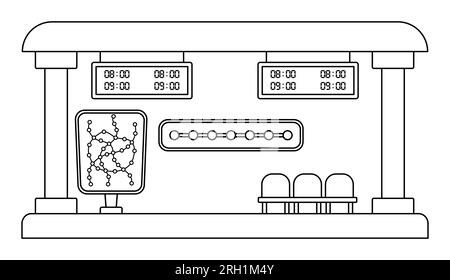 Icône de station de métro Vector noir et blanc. Arrêt souterrain de dessin animé. Ligne de transport de métro de la ville clipart ou coloriage page avec horaires chaises an Illustration de Vecteur