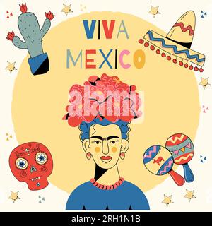 Chapeau de fille heureuse avec des fleurs.Poster Viva MEXIQUE Illustration de Vecteur