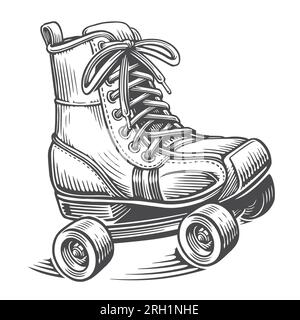 Patins à roulettes rétro dessinés à la main avec dentelle. Style de gravure Rollerblades. Illustration vectorielle d'esquisse vintage Illustration de Vecteur
