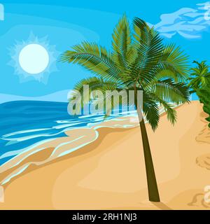 Palmier sur la plage de sable. Illustration vectorielle de palmier sur la plage de mer. Image de palmier tropical, plage et mer dans le vecteur. Illustration de Vecteur