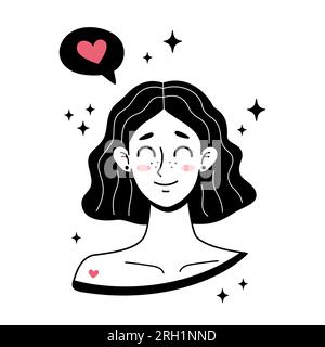 Personnage de fille tomber amoureux. Style Doodle. Illustration vectorielle simple dessinée à la main. Concept d'amour. Style Manga. Personnage féminin mignon avec les yeux fermés souriant Illustration de Vecteur