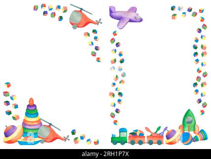 Carte postale. Jouets pour enfants. Pyramide, boule, toupie et transport peints à l'aquarelle. Carte postale pour vos vacances sur fond blanc Banque D'Images