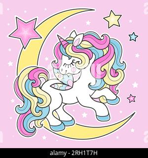 Une licorne de dessin animé avec une crinière arc-en-ciel saute sur la lune avec des étoiles. Thème magique. Imprimé affiche pour les enfants. cartes, autocollants, puzzles, etc VEC Illustration de Vecteur