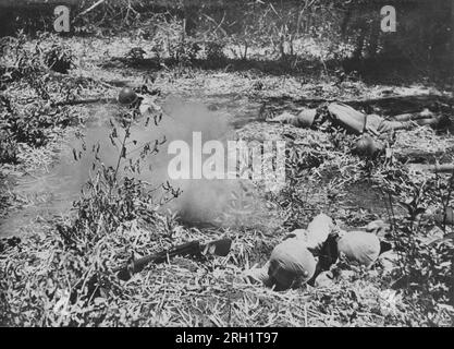 Invasion des Philippines, décembre 1941 – mai 1942. Profitant de la petite couverture offerte, les troupes de l'armée impériale japonaise avancent lentement et prudemment sous le feu de l'ennemi pendant la bataille de Bataan, de janvier 7 à avril 9 1942. Banque D'Images