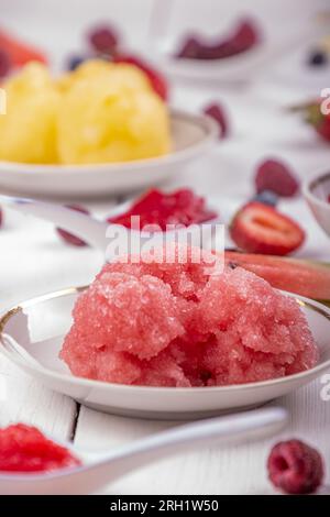 Sorbet aux fruits glacés et aux baies. Pastèque, myrtille, framboise, myrtille ; fraise, sorbet melon sur fond blanc en bois. Banque D'Images