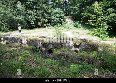 Monolithe en béton avec des dizaines de tuyaux, de drains et de ponceaux, appelé Silownia (centrale électrique), sur la partie au sol du complexe Osowka du projet Riese en G. Banque D'Images