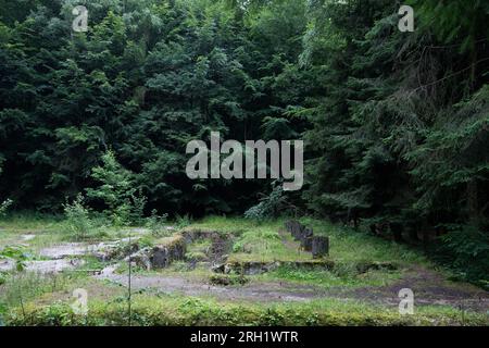 Monolithe en béton avec des dizaines de tuyaux, de drains et de ponceaux, appelé Silownia (centrale électrique), sur la partie au sol du complexe Osowka du projet Riese en G. Banque D'Images