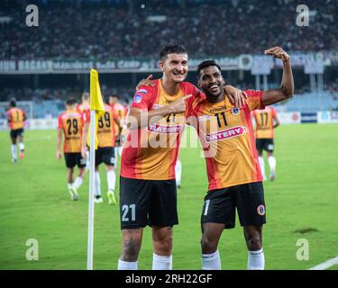 Kolkata, Inde. 12 août 2023. East Bengal FC a battu Mohunbagan Super Giant 1-0 dans Durand Cup Group League Match-2023 Kolkata Derby avec le score solitaire de Nandhakumar Sekar (maillot no-11) lors de la 2e moitié du match du 12 août 2023 au VYBK Stadium (image de crédit : © Amlan Biswas/Pacific Press via ZUMA Press Wire) USAGE ÉDITORIAL UNIQUEMENT! Non destiné à UN USAGE commercial ! Banque D'Images