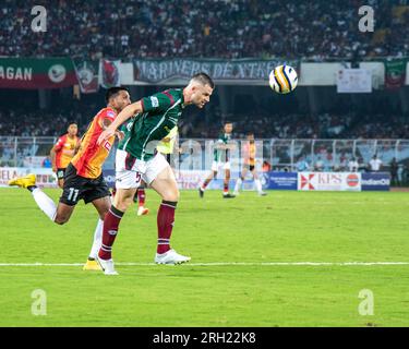 Kolkata, Inde. 12 août 2023. East Bengal FC a battu Mohunbagan Super Giant 1-0 dans Durand Cup Group League Match-2023 Kolkata Derby avec le score solitaire de Nandhakumar Sekar (maillot no-11) lors de la 2e moitié du match du 12 août 2023 au VYBK Stadium (image de crédit : © Amlan Biswas/Pacific Press via ZUMA Press Wire) USAGE ÉDITORIAL UNIQUEMENT! Non destiné à UN USAGE commercial ! Banque D'Images