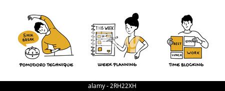 Flux de travail et techniques pour améliorer la productivité d'un concept indépendant de freelance Illustration de Vecteur