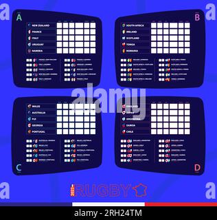 Groupes participants drapeaux et jeux icône de la compétition de rugby 2023. Illustration vectorielle. Illustration de Vecteur