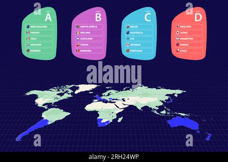 Les participants aux compétitions de rugby sont mis en évidence sur la carte du monde. Tout le groupe du tournoi. Illustration vectorielle. Illustration de Vecteur