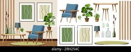 Intérieur du salon avec un fauteuil, lattes en bois, peintures abstraites et une plante monstera. Design intérieur moderne. Ensemble de meubles. Constru intérieur Illustration de Vecteur