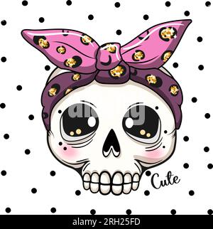 Crâne de dessin animé mignon en bandana. Fête d'Halloween. Illustration de Vecteur