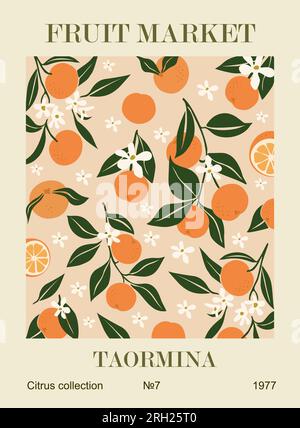 Vecteur d'affiche rétro du marché des fruits abstrait Taormina Illustration de Vecteur