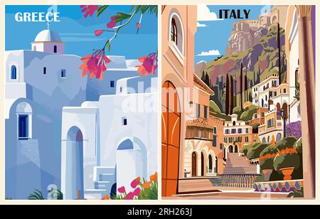 Ensemble d'affiches de destination de voyage Grèce, Italie. Illustration de Vecteur