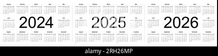 Calendriers vectoriels modifiables simples pour l'année 2024 2025 2026. La semaine commence à partir du dimanche. Illustration vectorielle isolée sur fond blanc. Illustration de Vecteur