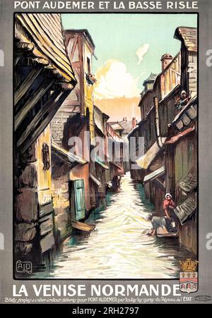 Pont Audemer et la Basse Risle (c. 1920s) affiche de voyage française - Charles Halo oeuvre, couleurs ajustées Banque D'Images