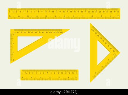 Ensemble de différents types de règle, règle jaune avec mesure en centimètres, pouces et millimètres. Collection vectorielle. Illustration de Vecteur