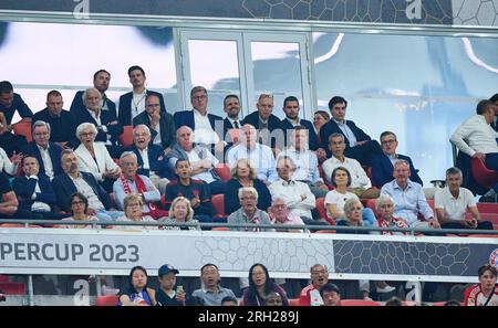 Munich, Allemagne. 12 août 2023. Hans-Dieter Hansi Flick, Bundestrainer, Nationaltrainer, Rudi Völler (DFB Sportdirektor), Bernd Neuendorf, président DFB de la Fédération allemande de football, Uli HOENESS (ancien président du FCB), Ehrenpräsident, frère Dieter, Andreas JUNG, directeur marketing et membre du conseil d'administration du FCB Dr. Michael Diederiderich, directeur financier FCB, Finanzvorsstandesen chef du FCB, Finanzstand und stands, directeur financier FCB, Christian Drevorsversider, Christian Drestender PDG Vorstandsvorsitzender FCB Herbert HAINER, président du FCB et ex-PDG Adidas Prof. Dr. Dieter Mayer 2. Vizepräsident des FC Bayern München e Banque D'Images