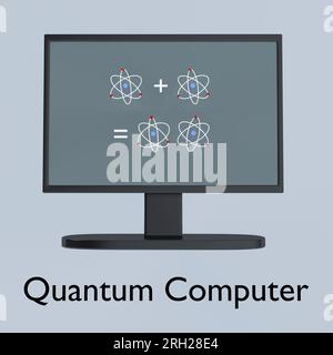 Illustration 3D d'un écran de PC affichant une équation symbolique contenant des atomes, intitulée ordinateur quantique. Banque D'Images