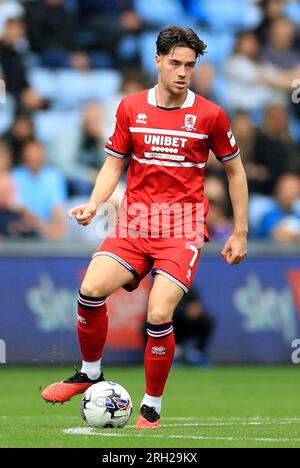 Hayden Hackney de Middlesbrough en action lors du Sky Bet Championship Match au Coventry Building Society Arena, Coventry. Date de la photo : Samedi 12 août 2023. Banque D'Images