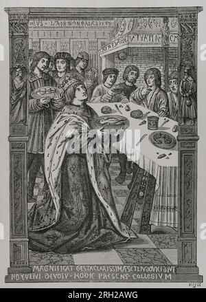 Louis IX ou Saint Louis (1214-1270). Roi de France (1226,1270). St. Louis servant un repas aux pauvres. Gravure de Huyot d'après une miniature dans 'Petites heures d'Anne de Bretagne'' ca. 1503. « Vie militaire et religieuse au Moyen âge et à l'époque de la Renaissance ». Paris, 1877. Banque D'Images