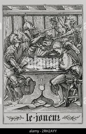 Le joueur de cartes. La mort et un démon attaquant un joueur de cartes. Fac-similé d'une gravure appartenant à la série 'la danse de la mort' dans 'les Simulacres de la mort et histoires faciées de la mortt', édition latine, 1547. Vie militaire et religieuse au Moyen Age et à l'époque de la Renaissance, Paris, 1877. Banque D'Images