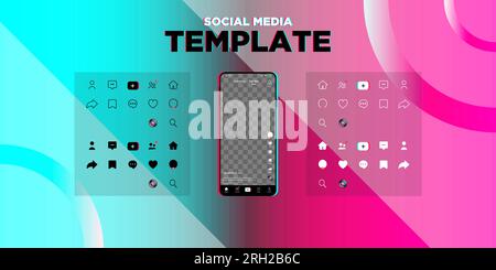Concept d'atterrissage de médias sociaux, modèle de médias sociaux. Interface d'application avec ensemble d'icônes et écran transparent, espace pour photo ou vidéo. EPS 10 vecteur i. Illustration de Vecteur