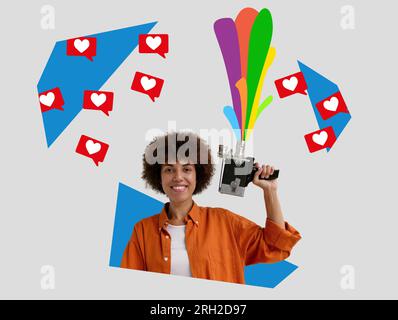 Collage avec une jeune femme et une caméra vidéo comme symbole du vlogging et du marketing des médias sociaux. Banque D'Images