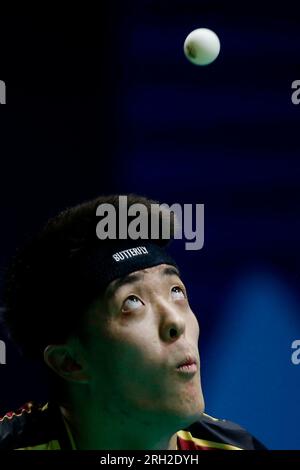 11 août 2023 : Arena Carioca, Barra da Tijuca, Rio de Janeiro, Brésil. Qiu Dang (GER) contre Vitor Ishiy (BRA) lors du tournoi mondial de tennis de table du WTT Contender Banque D'Images