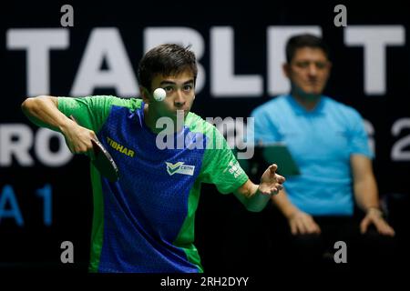 11 août 2023 : Arena Carioca, Barra da Tijuca, Rio de Janeiro, Brésil. Vitor Ishiy (BRA) contre Qiu Dang (GER) lors du tournoi mondial de tennis de table du WTT Contender Banque D'Images