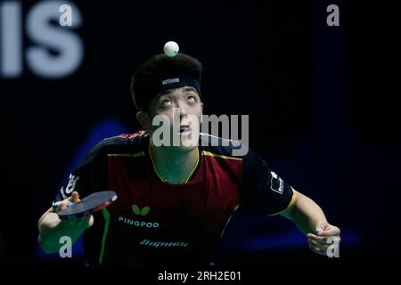 11 août 2023 : Arena Carioca, Barra da Tijuca, Rio de Janeiro, Brésil. Qiu Dang (GER) contre Vitor Ishiy (BRA) lors du tournoi mondial de tennis de table du WTT Contender Banque D'Images