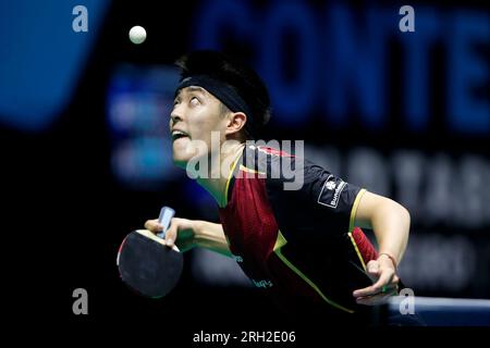 11 août 2023 : Arena Carioca, Barra da Tijuca, Rio de Janeiro, Brésil. Qiu Dang (GER) contre Vitor Ishiy (BRA) lors du tournoi mondial de tennis de table du WTT Contender Banque D'Images