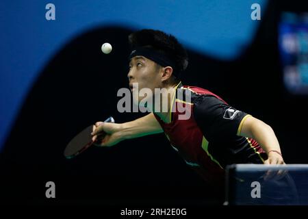 11 août 2023 : Arena Carioca, Barra da Tijuca, Rio de Janeiro, Brésil. Qiu Dang (GER) contre Vitor Ishiy (BRA) lors du tournoi mondial de tennis de table du WTT Contender Banque D'Images