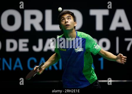 11 août 2023 : Arena Carioca, Barra da Tijuca, Rio de Janeiro, Brésil. Vitor Ishiy (BRA) contre Qiu Dang (GER) lors du tournoi mondial de tennis de table du WTT Contender Banque D'Images