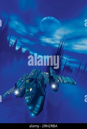 vaisseau spatial approchant dans une planète aquatique extraterrestre avec deux lunes Banque D'Images