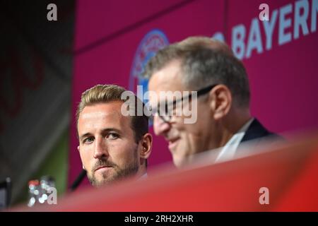 Le nouveau joueur du Bayern Munich Harry Kane lors d'une conférence de presse à l'Allianz Arena de Munich. Date de la photo : dimanche 13 août 2023. Banque D'Images