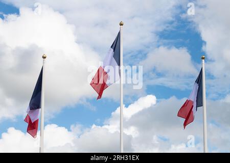 Glasgow BMX Centre, Glasgow, Écosse, Royaume-Uni. 13 août 2023. Finale élite masculine UCI Cycling World Championships BMX Racing - un coup de fouet pour la France avec Romain Mahieu décrochant l'or, Arthur Pilard l'argent et Joris Daudet le bronze. Cullen Ross de GB termine en 6e position. Crédit : Kay Roxby/Alamy Live News Banque D'Images