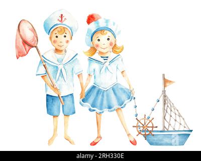 Mignon petit marin garçon et fille en costumes marins avec filet de pêche et bateau jouet. Illustration nautique aquarelle pour enfants. Peint à la main sur blanc Banque D'Images