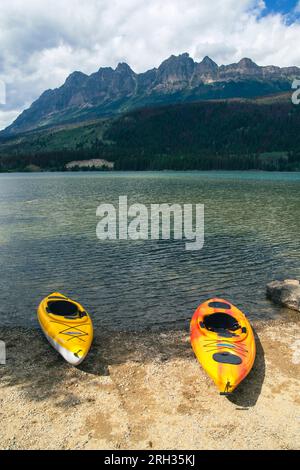 Deux kayaks colorés reposent sur le bord d'un lac dans la nature sauvage canadienne Banque D'Images